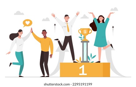 First place concept. Man and woman stand on pedestal with trophy. Successful team, best employees, winners in competition. People celebrating success, achievement. Cartoon flat vector illustration