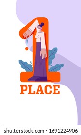 First place concept. Woman handing a medal, a symbol of victory, achievement, success. Laurels, minimalistic conceptual style, geometric pattern, sketchy caricature character with big hands and feet
