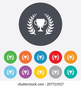 First place cup award sign icon. Prize for winner symbol. Laurel Wreath. Round colourful 11 buttons. Vector