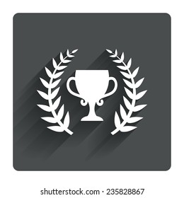 First place cup award sign icon. Prize for winner symbol. Laurel Wreath. Gray flat square button with shadow. Modern UI website navigation. Vector