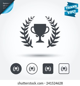 First place cup award sign icon. Prize for winner symbol. Laurel Wreath. Circle and square buttons. Flat design set. Thank you ribbon. Vector