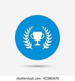 First place cup award sign icon. Prize for winner symbol. Laurel Wreath. Blue circle button with icon. Vector