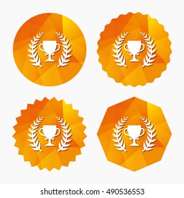 First place cup award sign icon. Prize for winner symbol. Laurel Wreath. Triangular low poly buttons with flat icon. Vector