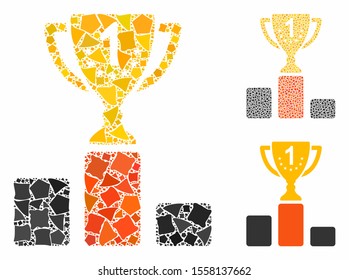 First place cup composition of tremulant elements in different sizes and shades, based on first place cup icon. Vector uneven elements are combined into collage.