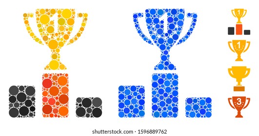 First place cup mosaic of small circles in different sizes and color tones, based on first place cup icon. Vector random circles are organized into blue mosaic.