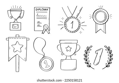 First place doodle icon. Medals and diploma set vector. Champion cup in sketch style. Awards, trophy cups, stars. Winner prize, champion cup, ribbon in hand drawn style. Victory line illustration.