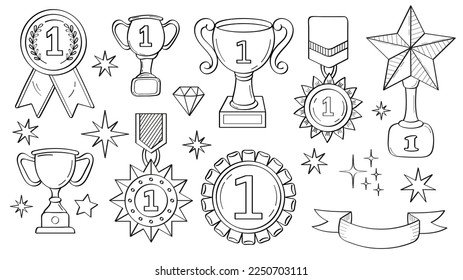 First place doodle icon. Medals and diploma set vector. Champion cup in sketch style. Awards, trophy cups, stars. Winner prize, champion cup, ribbon in hand drawn style. Victory line illustration.