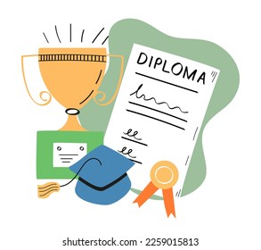 First place doodle icon. Winner prize, champion cup, ribbon in hand drawn style. Medals and diploma vector. Champion cup in sketch style. Awards, trophy cups, stars. 