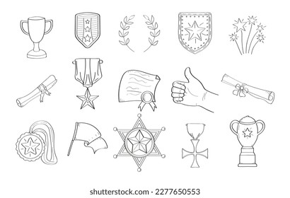 First place doodle icon. Winner prize, champion cup, ribbon in hand drawn style. Victory line illustration. Medals and diploma set vector. Champion cup in sketch style. Awards, trophy cups, stars. 