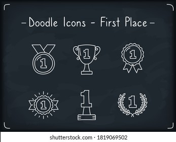 First place - doodle icons set, blackboard background, vector eps10 illustration