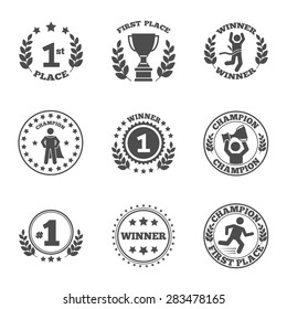 First place emblem and winner ribbons labels set vector illustration