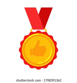 First place flat golden medal thumb up like award with ribbon for viner, 1st isolated gold vector reward icon, champ illustration.