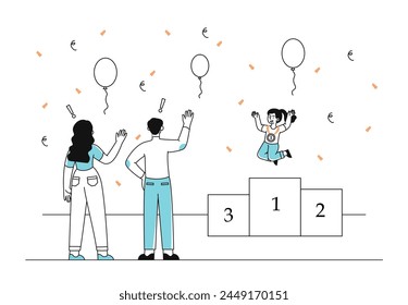 Primer lugar chica lineal. Los padres miran a su hija en el podio o en el pedestal. Las Personas celebran el triunfo. Chico talentoso y exitoso. Ilustración vectorial plana simple aislada sobre fondo blanco