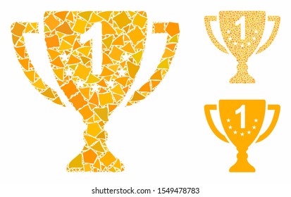 First place goblet composition of uneven items in variable sizes and color tones, based on first place goblet icon. Vector joggly items are combined into collage.