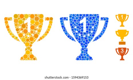 First place goblet mosaic of small circles in various sizes and shades, based on first place goblet icon. Vector filled circles are combined into blue collage.