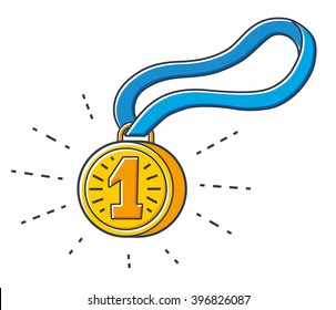 First place gold medal with a blue ribbon.