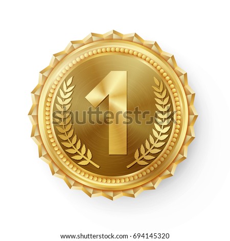 First Place Gold Medal Vector. Round Championship Gold Label. Competition Challenge First Place Award. Goal Label.  Isolated On White. Realistic illustration.
