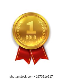 First place. Golden award medal or orden symbol with red ribbon for champion and winner isolated vector prize illustration