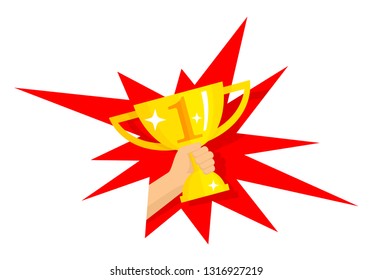 First place golden cup award inside starburst explosion - vector isolated icon or illustration