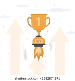 First place, golden goblet. Trophy, winner cup rocket launch for idea boost. Skills improvement. Business startup, successful project for winning competition. Achievement and boost goals concept.