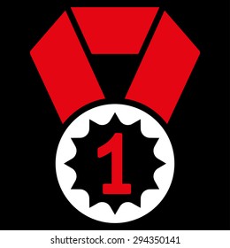 First place icon from Competition & Success Bicolor Icon Set. Vector style: flat bicolor symbols, red and white colors, rounded angles, black background.
