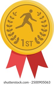 First place marathon gold medal with runner silhouette and olive branches. Award medal with red ribbon on transparent background