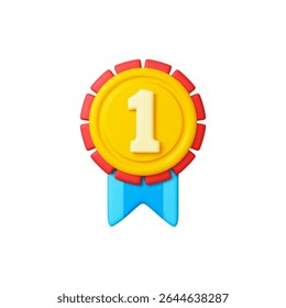 Ícone 3d da medalha de primeiro lugar. Ordem isolada com fita para prêmio, prêmio ou insígnia. Conceito vencedor, design de vetor de renderização realista para banners