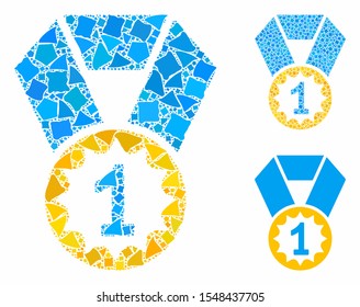 First place medal composition of rugged items in different sizes and color tinges, based on first place medal icon. Vector rugged items are organized into collage.