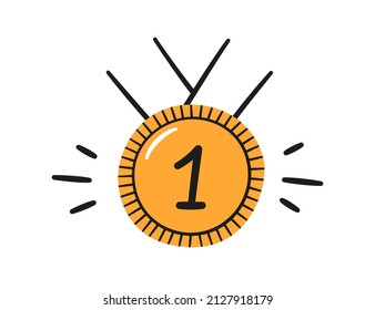 First place medal. Doodle gold medal. Hand drawn award decorative icon. Vector illustrations isolated on white background.