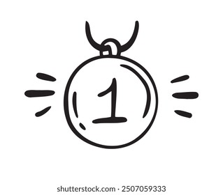 First place medal Doodle outline gold medal. Hand drawn award decorative icon. . Vector illustration