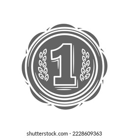 First place medal glyph icon vector illustration. Silhouette of round metal medallion with number 1 and laurel leaves, award badge and trophy for winner of circle shape, medal reward and gold coin