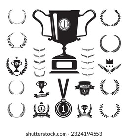 First place medal and labels monochrome icons and design elements.