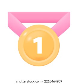 First place medal with pink ribbon 3D icon. Prize, award or trophy of champion or winner 3D vector illustration on white background. Success, achievement, competition concept
