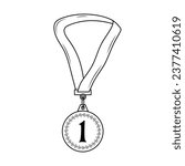 First place medal with ribbon. Linear icon. Trophy, winner, award, prize, competition concept.