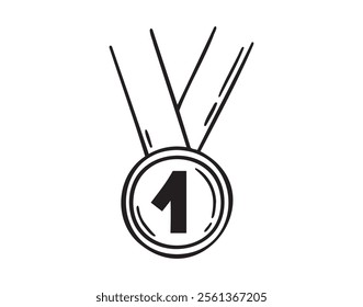 First place medal winner award doodle hand drawn icon. Outline drawing 1 place medal line clipart symbol. Vector illustration
