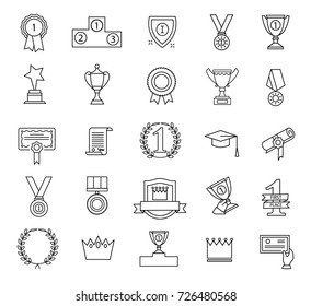 First place, number one and awards winner signs and symbols set in linear style, vector illustration.