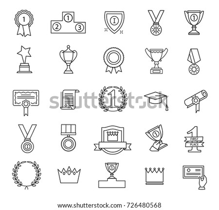 First place, number one and awards winner signs and symbols set in linear style, vector illustration.