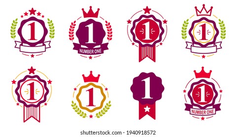 First place number one business success and triumph vector labels set isolated over white, graphic design elements, geometric vintage classic emblems collection, simplistic old style icons.