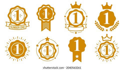 First place number one business success and triumph vector labels set isolated over white, graphic design elements, geometric vintage classic emblems collection, simplistic old style icons.