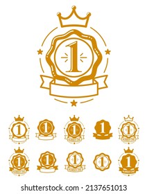 First place number one business success and triumph vector labels set isolated over white, graphic design elements, geometric vintage classic emblems collection, simplistic old style icons.