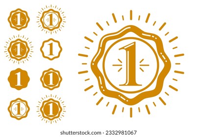 First place number one business success and triumph vector labels set isolated over white, graphic design elements, geometric vintage classic emblems collection, simplistic old style icons.