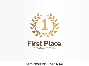 First place, number one, golden laurel wreath creative symbol concept. Trophy, prize abstract business logo idea. Award, win, winner icon. Corporate identity logotype, company graphic design tamplate