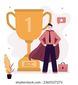 First place, number one, winner, success or business victory. Award winning celebration or best employee of month, triumph concept, successful businessman super hero standing with trophy. flat vector