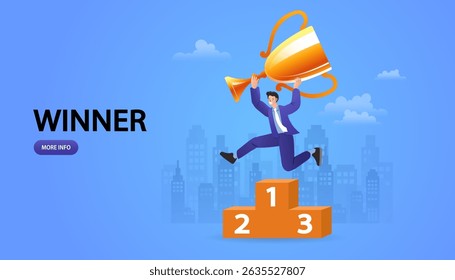 First place Partnership and teamwork in business concept. business success, leadership, awards, career, successful projects, goal, winning plan, competition.Group of happy employees celebrating vector