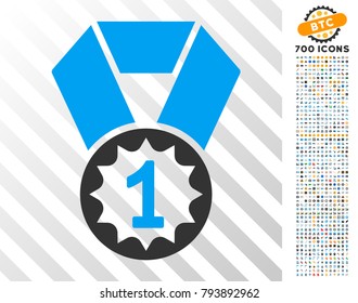 First Place pictograph with 7 hundred bonus bitcoin mining and blockchain clip art. Vector illustration style is flat iconic symbols design for cryptocurrency software.