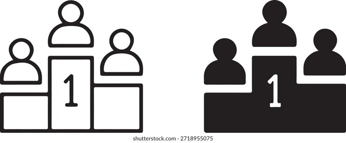 Icono de podio en primer lugar con tres figuras, que representan el logro y el éxito aislados sobre fondo blanco, Vector, ilustración