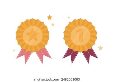 Primer lugar. Garantía de calidad, juego de dos medallas. Alta calidad, recompensa o garantía. Icono de medalla, educación o deporte aprobado o certificado sobre fondo blanco. Ilustración vectorial plana