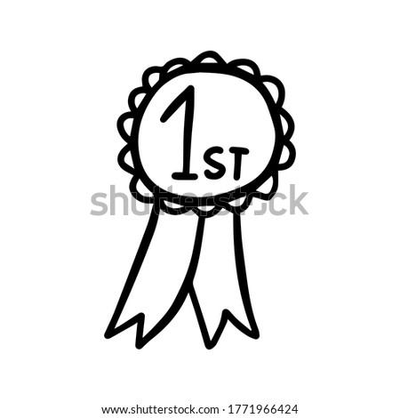 First place, reward, rosette. Medal icon isolated on white background. Simple vector illustration in doodle style.