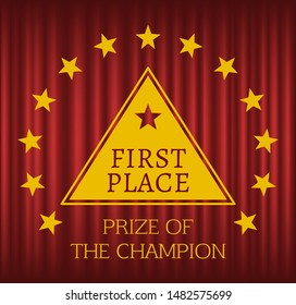 First place reward in triangle form in wreath of golden stars. Prize of champion. Winner metal award badge or sign, victory trophy vector illustration. Red curtain theater background