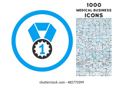 First Place rounded vector bicolor icon with 1000 medical business icons. Set style is flat pictograms, blue and gray colors, white background.